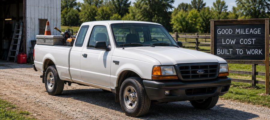 Photorealistic image of an older compact pickup truck parked at a small job site with tools in the bed, representing fuel-efficient used work trucks ideal for daily driving and light-duty work.